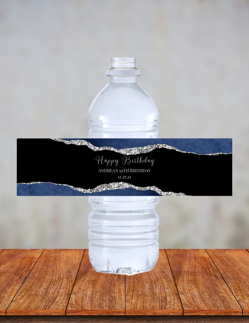Editable Blue Silver and Black Water Bottle Label Template - Etsy