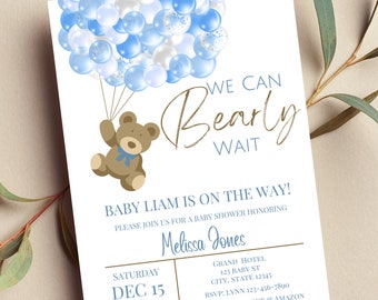 Editable We Can Bearly Wait Baby Shower Invitation Teddy Bear and Balloons Blue and White Boy Print or Text Invite
