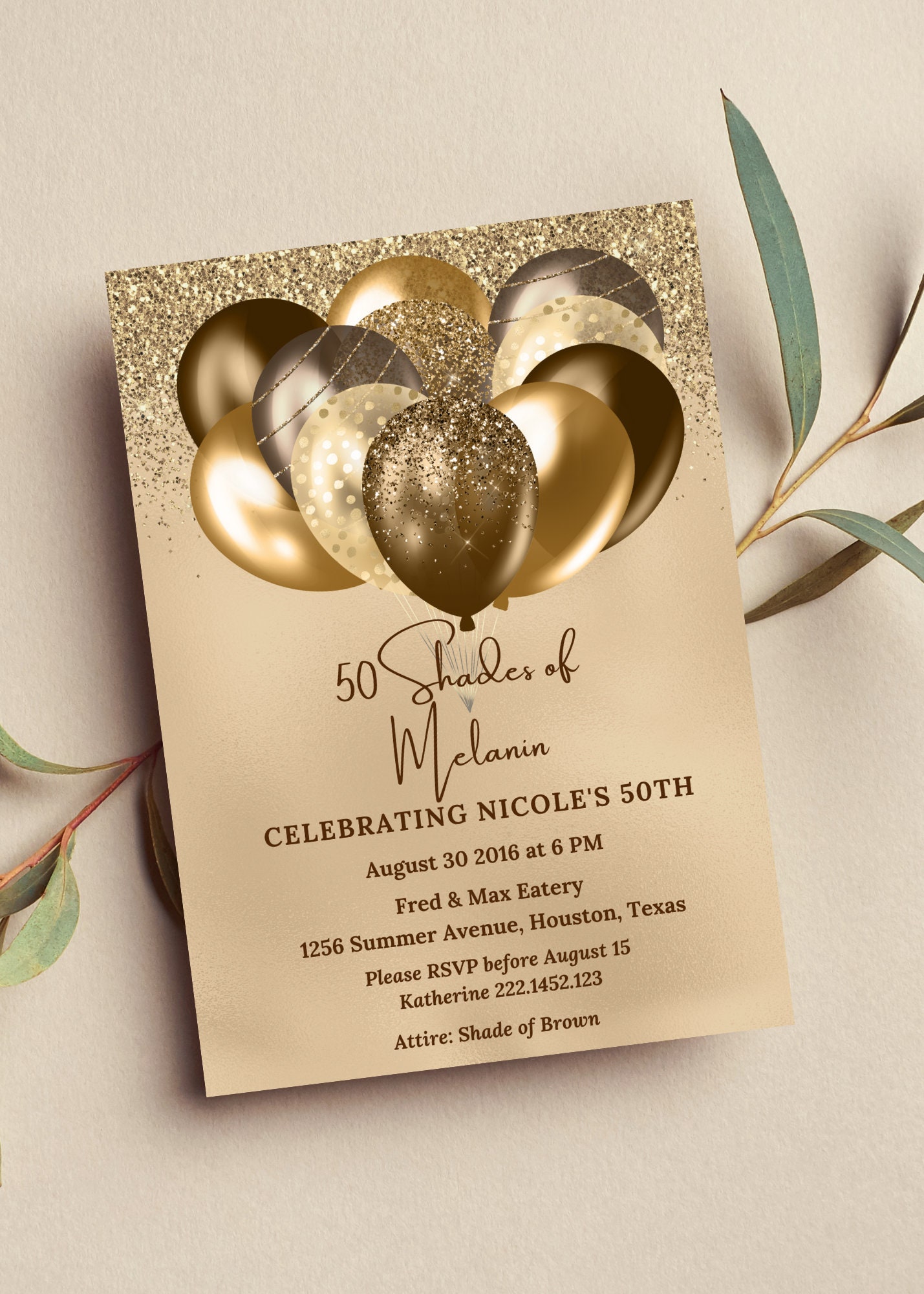 Editable Shades of Melanin Birthday Invitation, Brown and Gold Invite, Printable or Digital