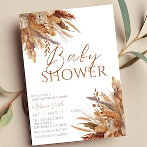 Editable Fall Boho Baby Shower Invitation, Gender Neutral, Pampas, Boho Floral, Autumn, Printable or Text Invite