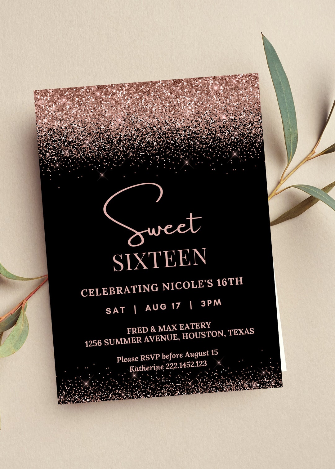 Editable Sweet 16 Birthday Invitation, Rose Gold and Black Invitation ...