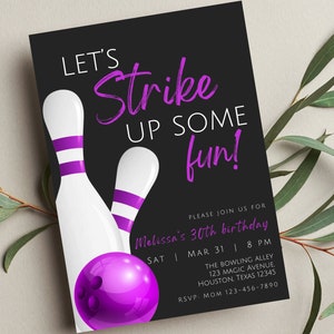 Editable Bowling Invitation, Let&#39;s Strike Up Some Fun, Birthday Bowling, Purple, Printable or Digital Invitation