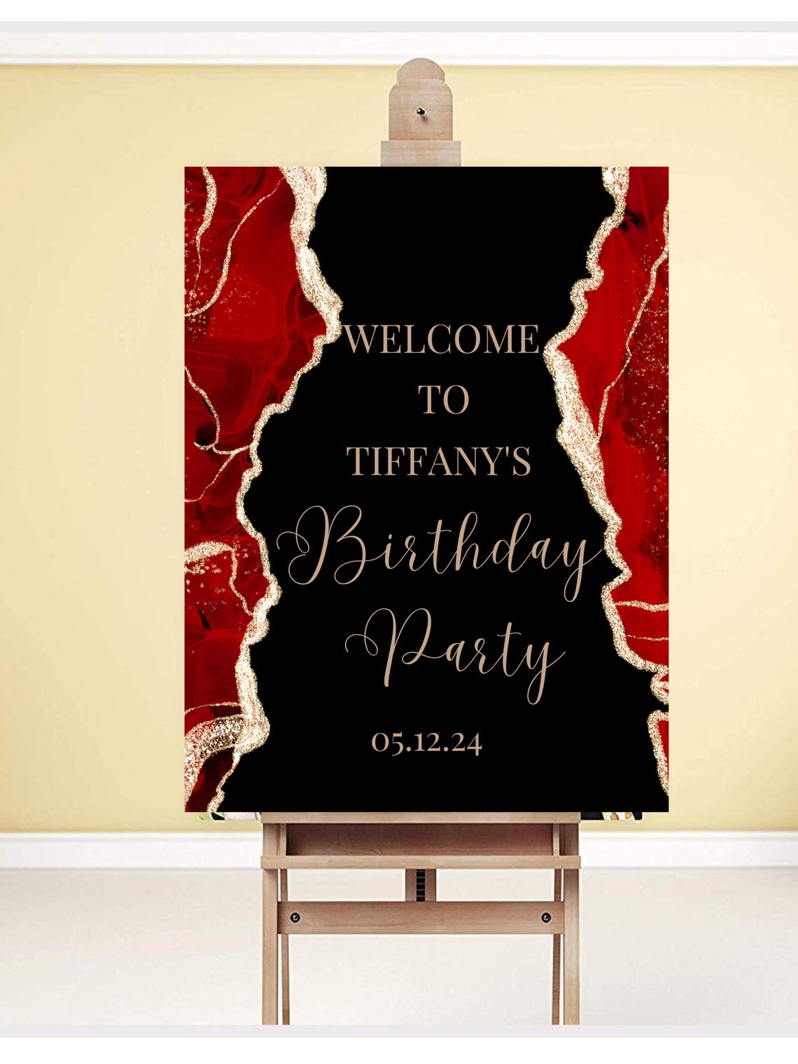 Editable Red and Gold Birthday Welcome Sign Agate Birthday - Etsy