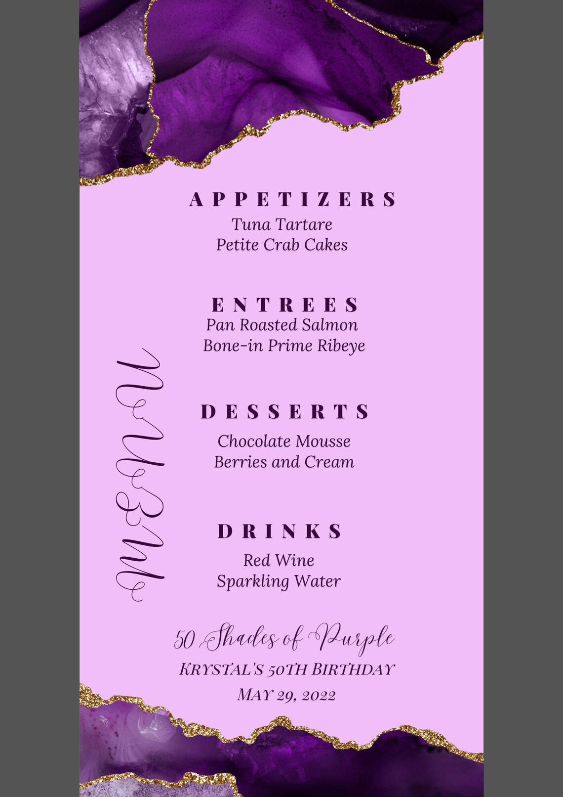 Editable Shades of Purple Menu Card Template, Purple and Gold Menu ...