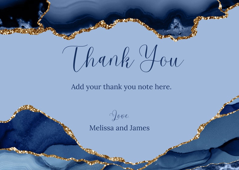 Printable Thank You Card Blue and Gold Thank You Note Etsy