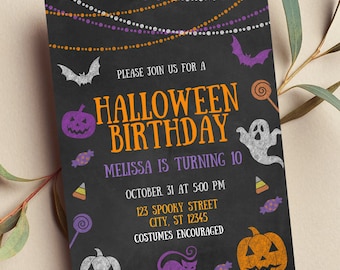May include: Halloween birthday invitation on a black chalkboard background. The invitation includes orange and purple text, with Halloween-themed illustrations such as pumpkins, bats, and ghosts. The text reads "Halloween Birthday" and includes party details.