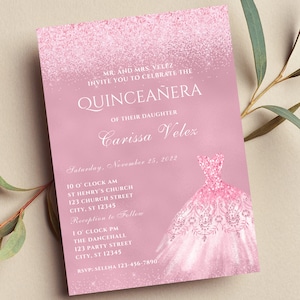 Invitation modifiable de Quinceañera rose blush, Mis Quince Anos, Glam, Glitter, Invitation imprimable ou texte