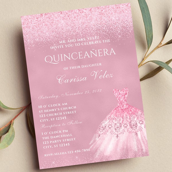 Bewerkbare Blush Pink Quinceañera uitnodiging, Mis Quince Anos, Glam, Glitter, afdrukbare of tekstuitnodiging