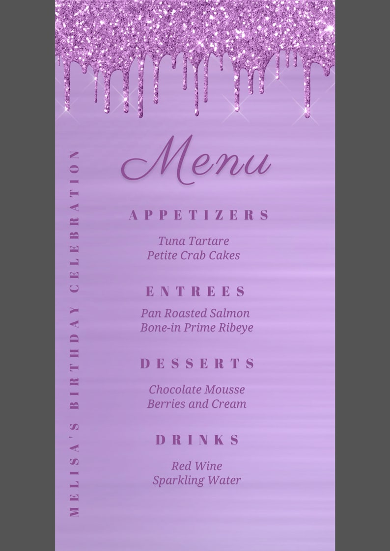 Editable Purple Menu Template, Purple Glitter Drip Menu Card, Birthday ...