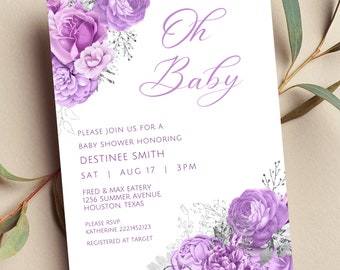 May include: White baby shower invitation with purple floral accents. The invitation reads "Oh Baby" in script, with details for Destinee Smith's baby shower, including the date, time, and location.