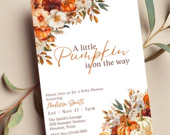 Editable A Little Pumpkin Is On The Way Baby Shower Invitation, Fall Theme, Digital Invite, Rustic Baby Invite