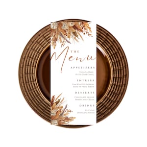 Modèle de carte de menu d'automne modifiable, menu d'automne, bohème, pampa, dîner d'anniversaire, menu de mariage, menu de brunch, menu de table, menu de bar, imprimable