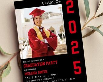Editable Graduation Party Invitation, Red and Black, Photo, Graduation Announcement, Printable or Digital Invitation