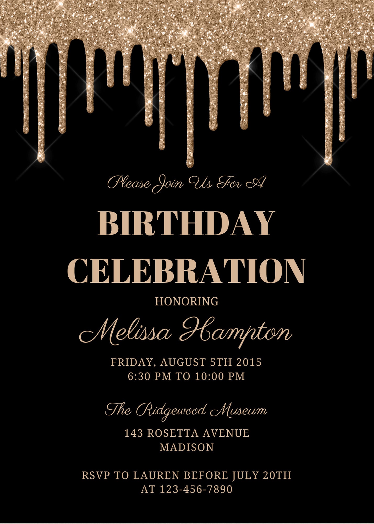 Buy Editable Black and Gold Birthday Invitation, Gold Glitter Drip ...