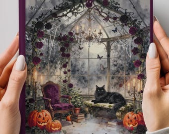 カスタマイズ可能なゴシックジャーナル、黒猫と花柄のデザイン、ハロウィンの記念品、結婚の誓いの日記