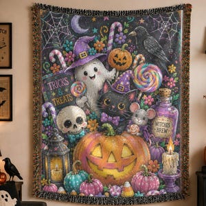織りコットン製ハロウィンブランケット、カボチャ、幽霊、黒猫の装飾、心地よいスロー Artwork