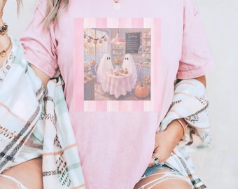 ゴーストカフェTシャツ、ヴィンテージベーカリーパステルゴスアパレル、不気味な季節のトップス