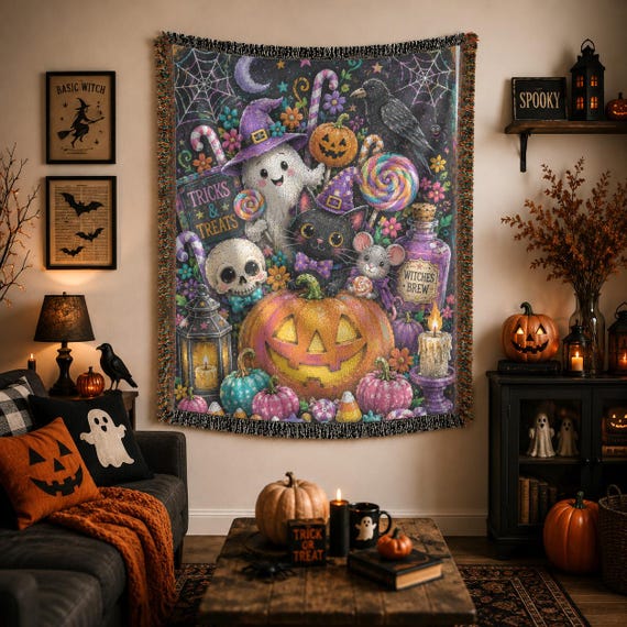 Woven Cotton Halloween Blanket, Pumpkin Ghost Black Cat Decor, Cozy Throw