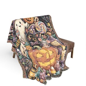 織りコットン製ハロウィンブランケット、カボチャ、幽霊、黒猫の装飾、心地よいスロー 画像 2