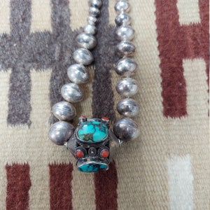 Vintage Sterling Silver Beaded Necklace with a Turquoise and Coral Pendant
