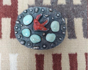 Rare Large Sterling Silver, Turquoise, and Coral Belt Buckle