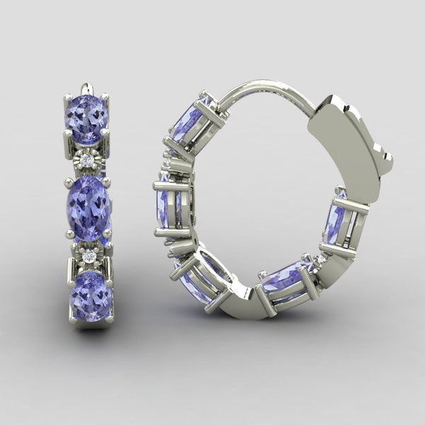 2.25ct genuine oval tanzanite and diamonds hoop earrings with vault lock in 925 sterling silver