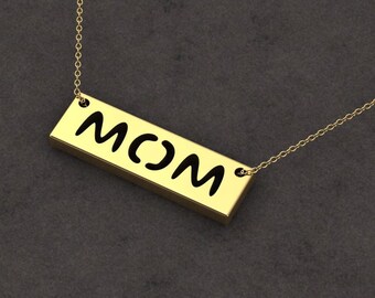 Minimalist 14k Yellow Gold MOM Pendant Necklace, Mother's Day Gift