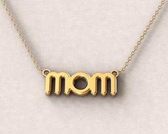 14k Yellow Gold MOM Necklace, Minimalist Mother's Day Gift