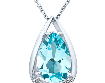 3.45 Ct Genuine Pear Shape Sky Blue Topaz Gemstone & Diamond 14k white gold pendant