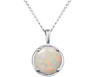 8mm round shape genuine opal gemstone pendant in 14K white gold.