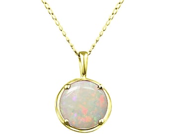 8mm round shape genuine opal gemstone pendant in 14K yellow gold.
