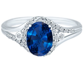 Halo Diamond Lab Created Sapphire Gemstone Ring in 14K White Gold.