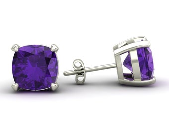 1.65 Carat Genuine Cushion Cut Amethyst Studs Earrings in 14k White Gold