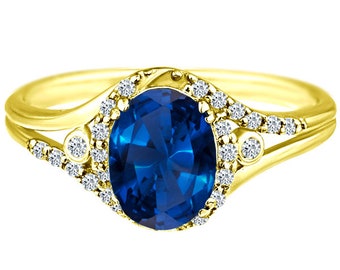 Halo Diamond Lab Created Sapphire Gemstone Ring in 14K Yellow Gold.