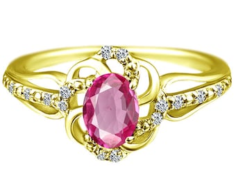 Stylish Oval Cut 7X5mm Pink Sapphire Gemstone and Diamond in 14K Yellow Gold Ring for Any Occasion.