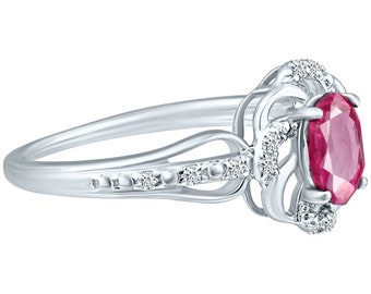 Stylish Oval Cut 7X5mm Pink Sapphire Gemstone and Diamond in 14K White Gold Ring for Any Occasion.