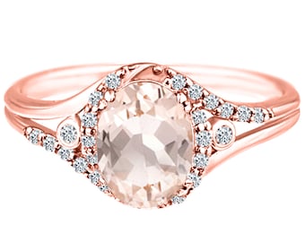 Exquisite 1.50 Carat Morganite Gemstone Ring with Diamonds in 14K Rose Gold.