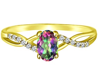 Exquisite Mystic Topaz Gemstone and Diamonds Twisted Band Ring in 14K Yellow Gold.