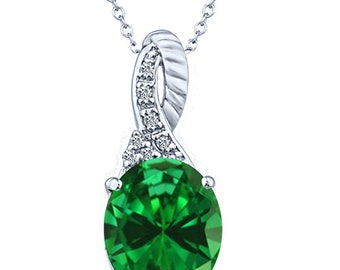 5.00 Carat Oval Cut Lab Created Emerald Gemstone & Diamonds Pendant in 14K White Gold.