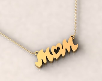 14k Yellow Gold MOM Heart Pendant Necklace, Mother's Day Gift