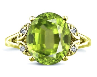 Oval cut peridot big gemstone engagement wedding ring in 14K yellow gold