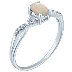 Exquisite Opal Gemstone and Diamonds Twisted Band Ring in 14K White Gold.