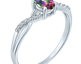Exquisite Mystic Topaz Gemstone and Diamonds Twisted Band Ring in 14K White Gold.
