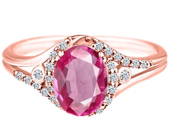 Exquisite 1.50 Carat Enhance Pink Topaz Gemstone Ring with Diamonds in 14K Rose Gold.