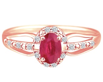 Exquisite Ruby Gemstone and Diamonds Ring in 14K Rose Gold.