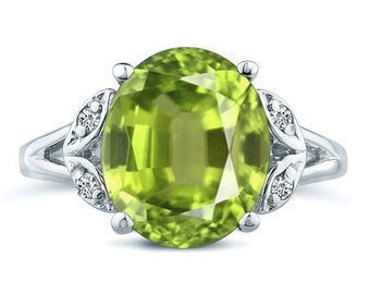 Oval cut peridot big gemstone engagement wedding ring in 14K white gold