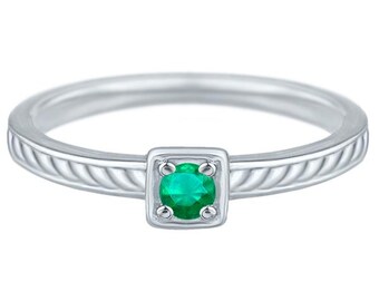 14K Gold 3mm Genuine Round Emerald Band Ring with Side Detailing