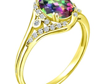 Exquisite 1.5 Carat Mystic Topaz Gemstone Ring with Diamonds in 14K Yellow Gold.