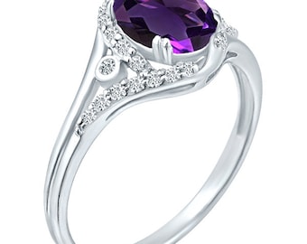 Exquisite 1.10 Carat Natural Amethyst Gemstone Ring with Diamonds in 14K White Gold.