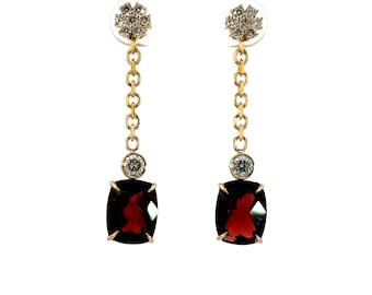6.42ct Natural Cushion Chequerboard Garnet and Diamonds Earrings 14k Yellow Gold